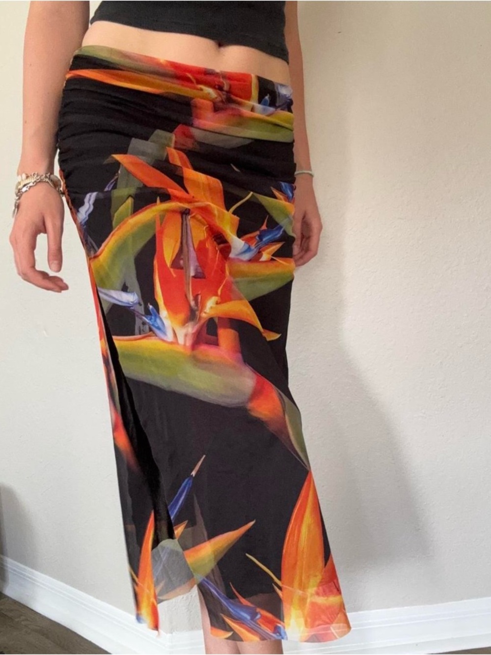 Zara Black Tropical Floral Mesh Maxi Skirt